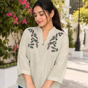 Embroidered Striped Tunic Top (Sage Green