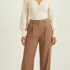 Pleated Straight-Leg Trousers / Slacks (in Light Brown / Taupe