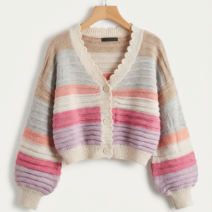 Pastel Rainbow Striped Scallop-Edge Cropped Cardigan