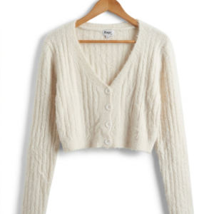 Cream Fluffy Ribbed Cropped Cardigan