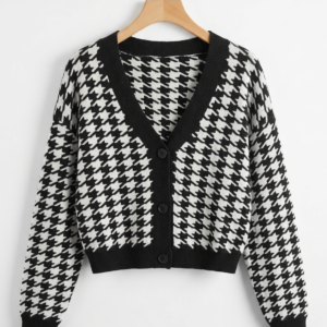 Houndstooth Cropped V-Neck Cardigan