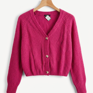 Magenta V-Neck Ribbed Knit Cardigan