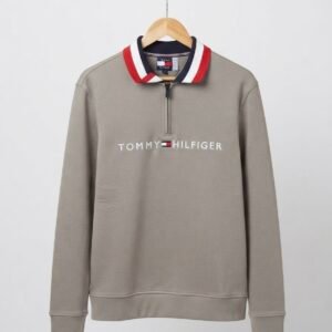 Grey Quarter-Zip Sweatshirt with Striped Collar