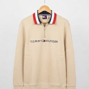Beige Quarter-Zip Sweatshirt with Striped Collar