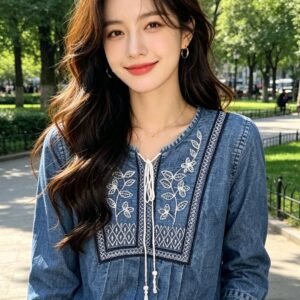Embroidered Denim Tunic Top