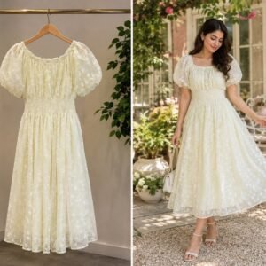 Floral Organza Milkmaid Midi Dress (Pale Yellow)